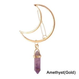 Gold Crescent Moon Hair Clip Natural Crystal Stone